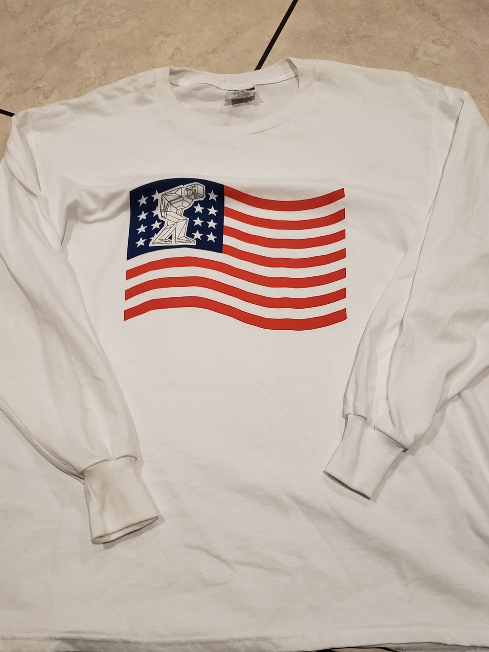 Jerzees White Long Sleeve Shirt with Red & Blue Flag Graphic